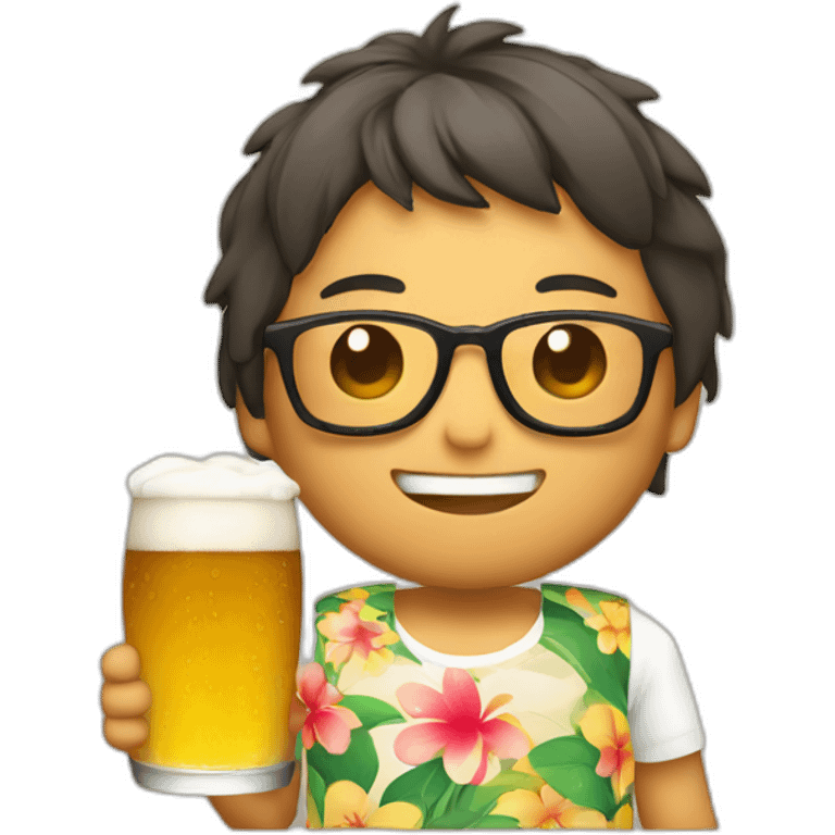 Japanese wearing roundglasses alohashirt is holding beer emoji