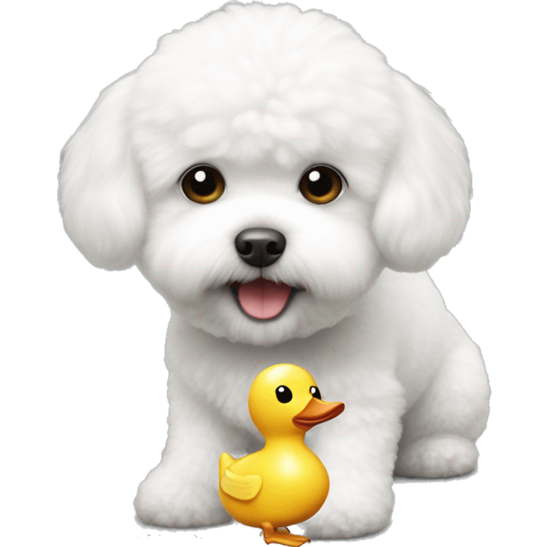 White little Bichon Frize with toy duck  emoji