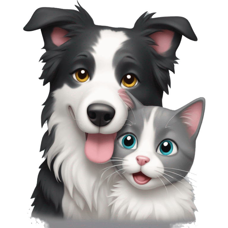 a border collie hugging grey American short hair cat emoji