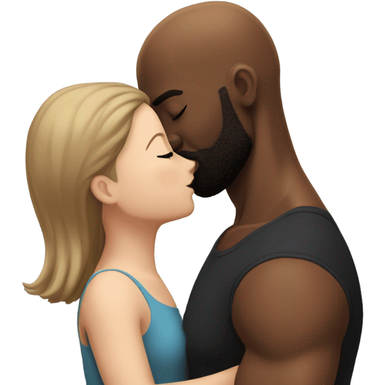 White girl brunette kissing muscular black bald man with beard emoji