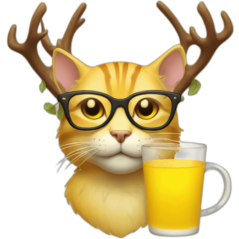 yellow cat with deer antlers and glasses drinking a cup of yellow liquid emoji