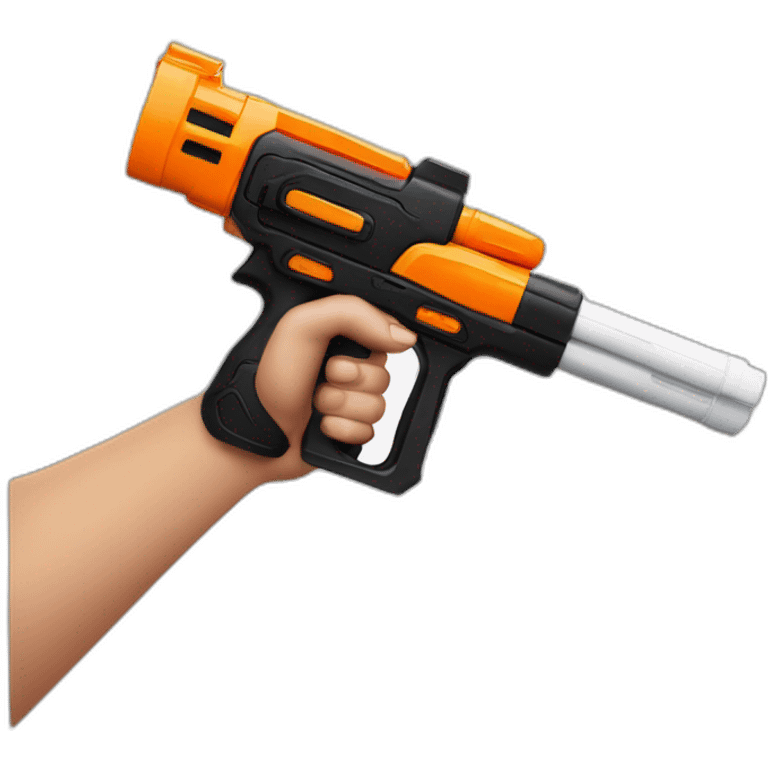 manicured hand holding large scary black and white nerf gun emoji