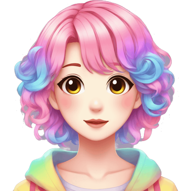 Gorgeous anime style shojo character with blushing face aesthetic and pretty colorful shiny gradient neon rainbow hair with hair garment trending style emoji