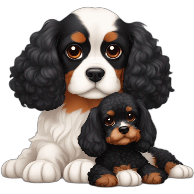 orange and white cavalier king charles spaniel and black poodle cuddle each other  emoji