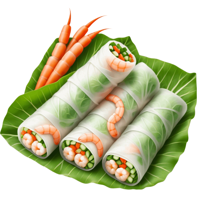 Cinematic Realistic Vietnamese Summer Rolls Dish Emoji, depicted with delicate rice paper wraps filled with fresh vegetables and shrimp rendered with crisp textures and refreshing lighting. emoji