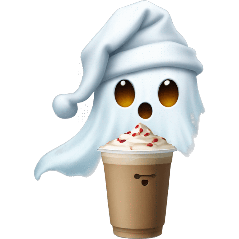 Ghost wearing a Christmas hat drinking an iced coffee emoji