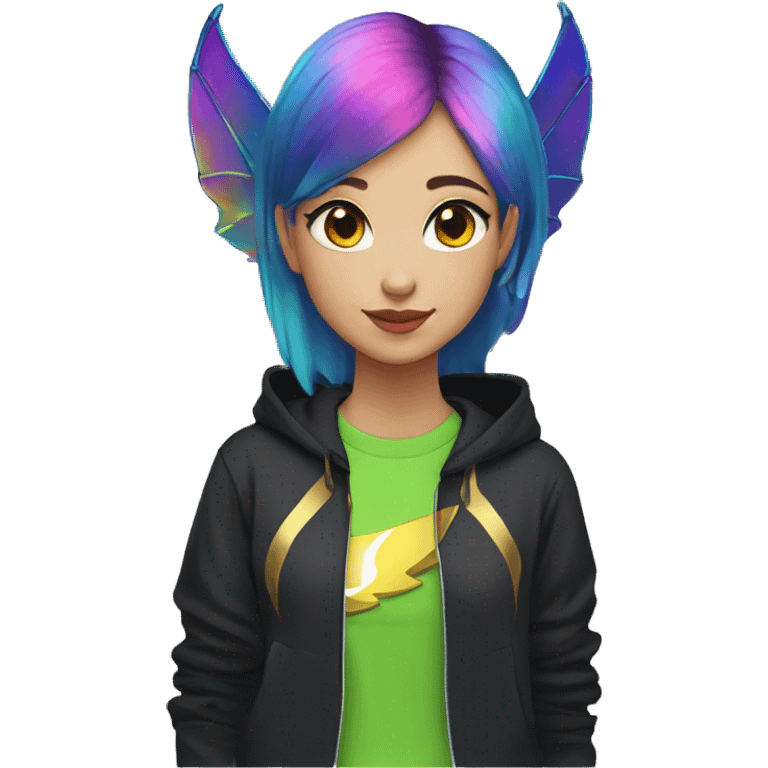 Lady with brunette and iridescent blue hair, gold, lime green dragon wings, black hoodie, oilslick holographic, black and gold Nike t shirt, and bright red eyes emoji