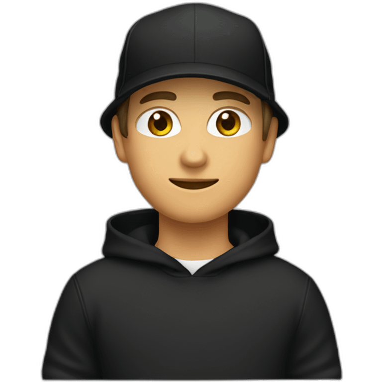 caucasian Designer wearing flat bill hat and black hoodie emoji