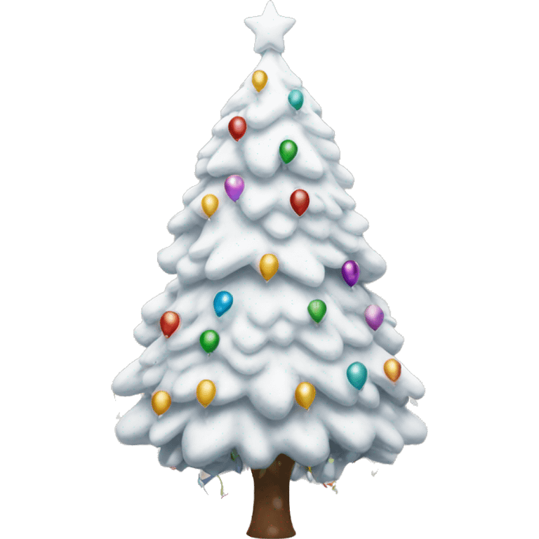 A white snow-covered Christmas tree beautifully decorated with balloons and a garland emoji