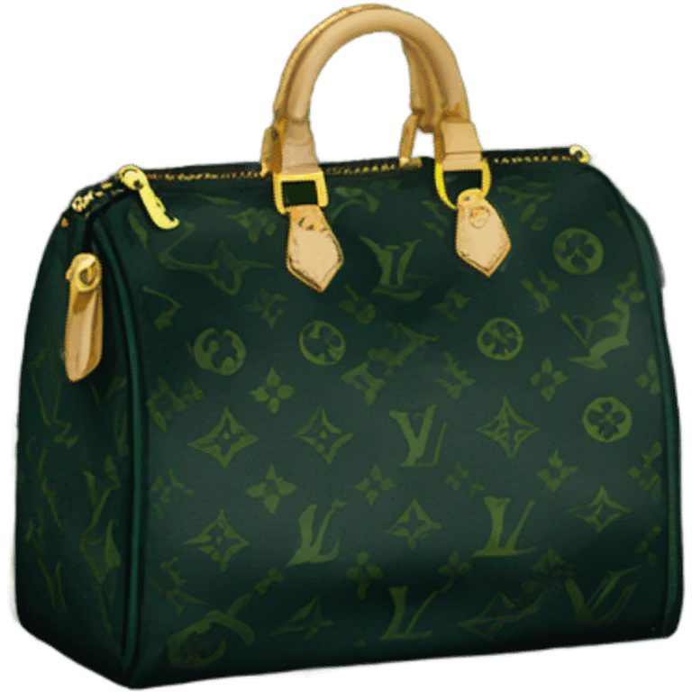 Black Designer Louis Vuitton bag with dark green monogram and dark green trim and gold details emoji