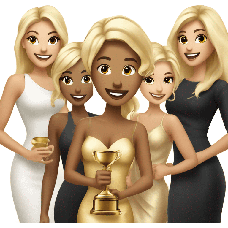 Six beautiful and elegant blonde and Latina models celebrating with 1 huge gold trophy emoji