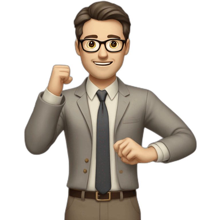 To belt Actively gesturing with hands Pale skinned fit man with dark brown hair in gray jacket, beige office shirt, brown tie, brown pants and vintage glasses. emoji