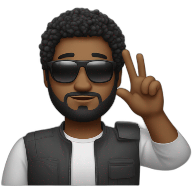 A black man with a chubby oval face, a slight beard and short frizzy hair. And sunglasses. He makes a Vulcan salute emoji