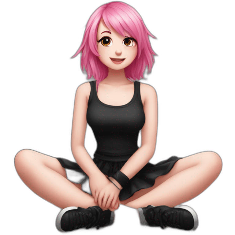 Full body Front view curvy emo girl pink hair sits on the floor straight view hands up black skirt полосатые рваные чулки emoji