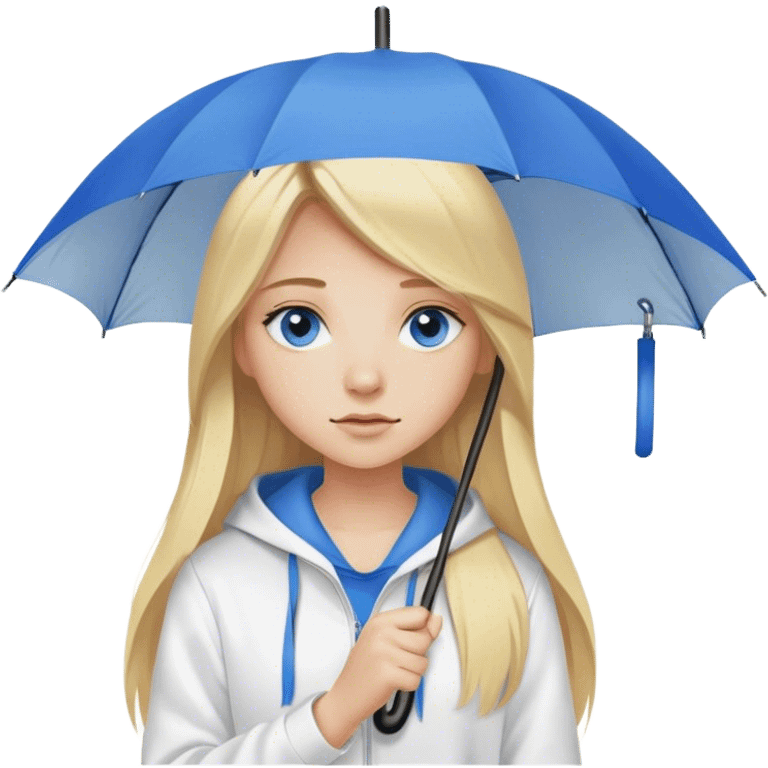 Cinematic realistic emojis in the form of a blonde girl with long hair, blue eyes, wearing a white hoodie, holding an umbrella over her emoji