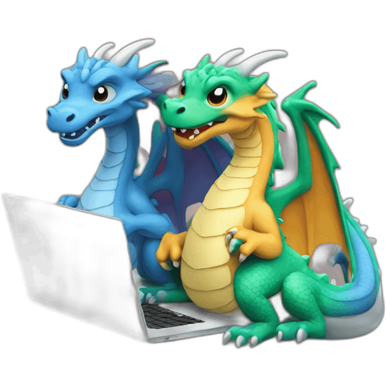 two dragon friends different colors looking at a laptop emoji