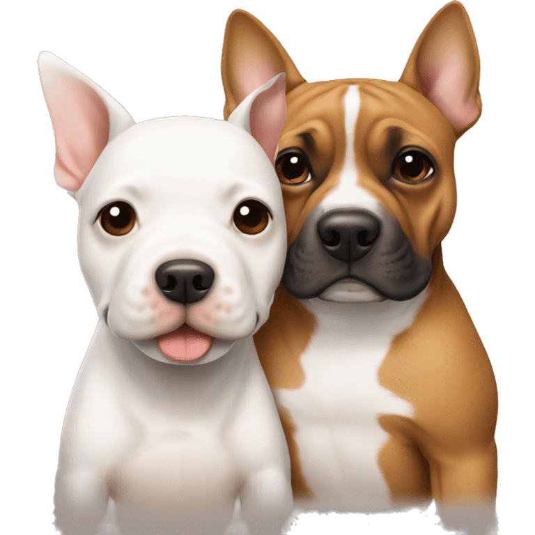 Two dogs, a White Bull terrier, and a brown-and-tan frenchie hugging emoji