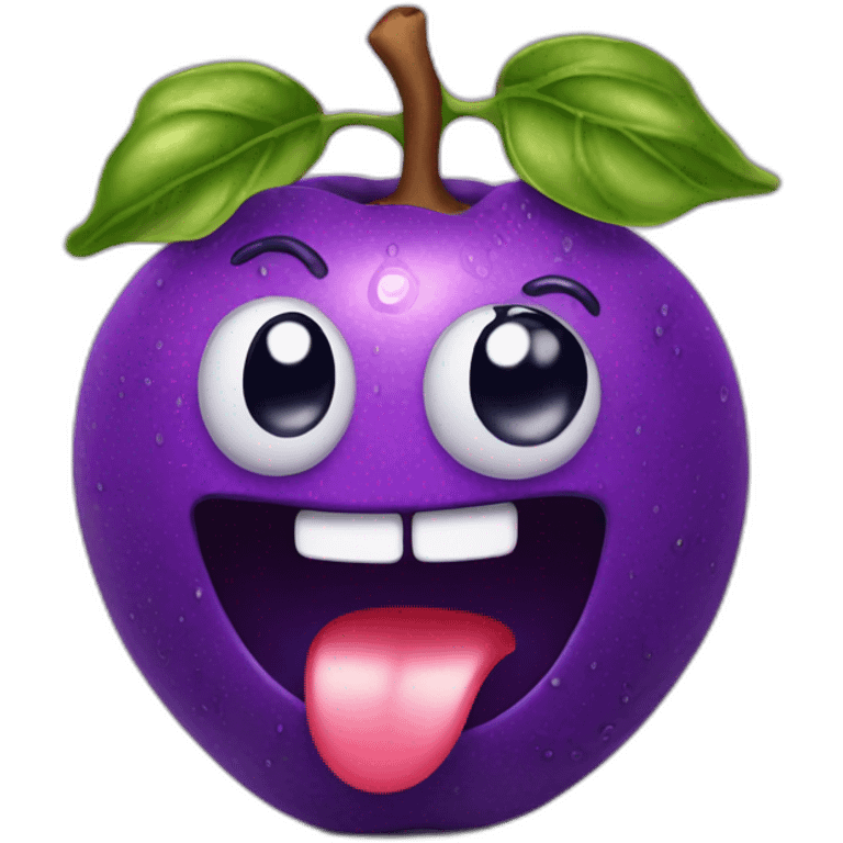 sweating purple fruit with face tongue out emoji