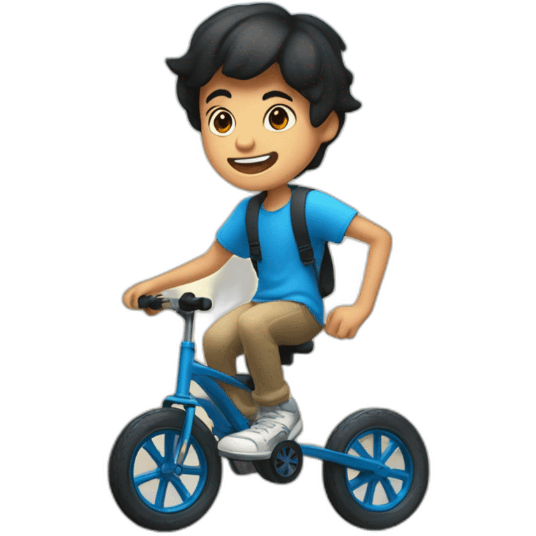 a ten-year-old boy with black hair and blue eyes with freckles juggles on a unicycle emoji