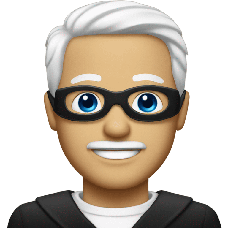 A man with White Hair, white skin, a black Blindfold, black tuxedo, and a smile emoji