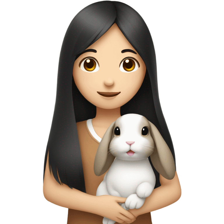 A asian girl with black long straight hair holding a white and brown rabbit emoji