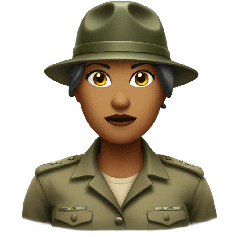 a female drill sergeant character wearing a classic sergeant hat and a camouflage army shirt. The character should have an angry intense expression. full torso emoji