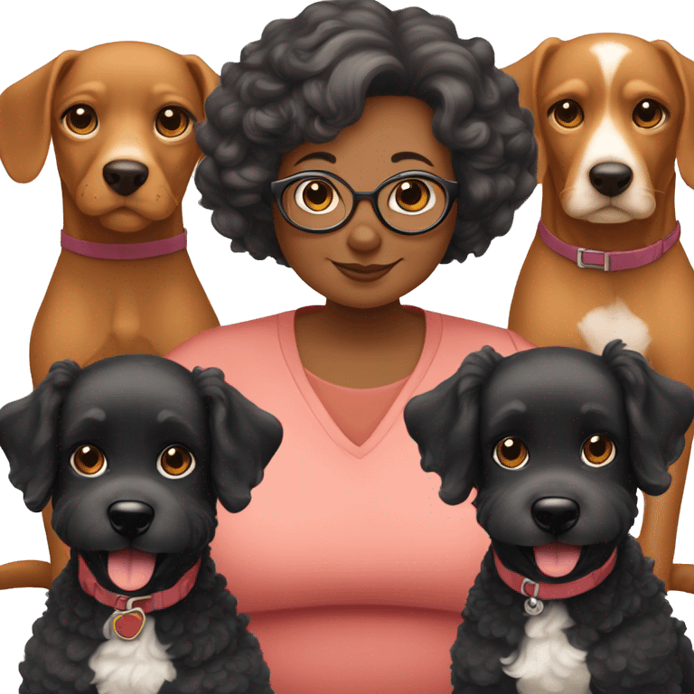 50 year old chubby woman with 03 dogs being a black poodle, a big ear caramel and a baby shorthair caramel emoji