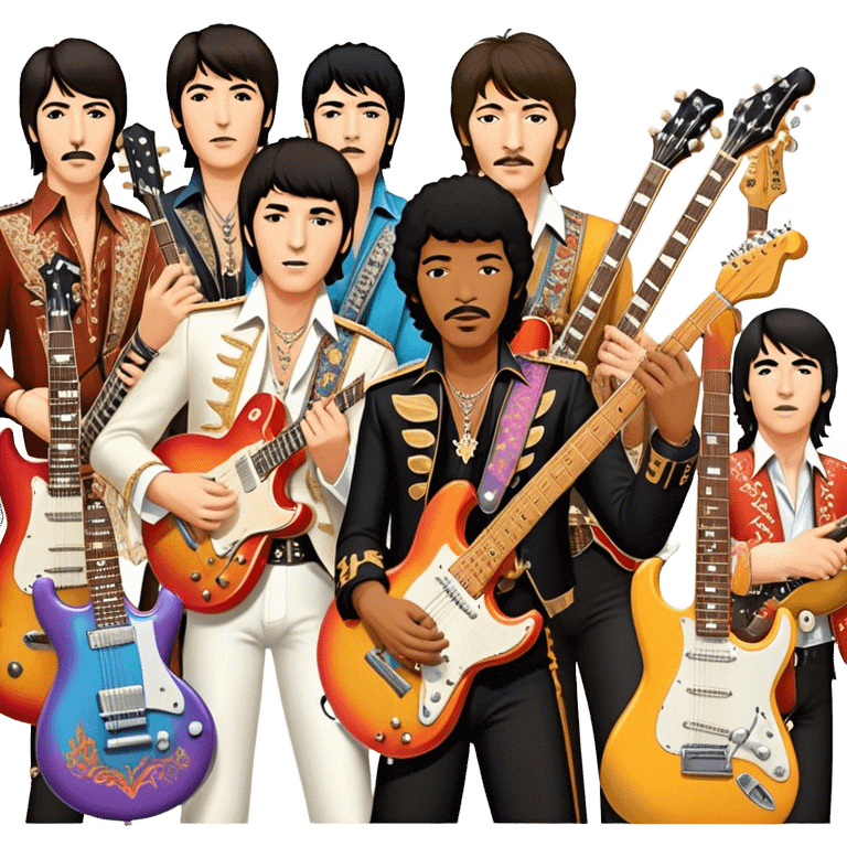 Rock music icon: collage of legendary rock stars—The Beatles, Jimi Hendrix, Elvis Presley, Queen, Nirvana, Led Zeppelin. Electric guitars, amplifiers, and microphones surrounded by vibrant stage lights and musical notes. Transparent background. emoji