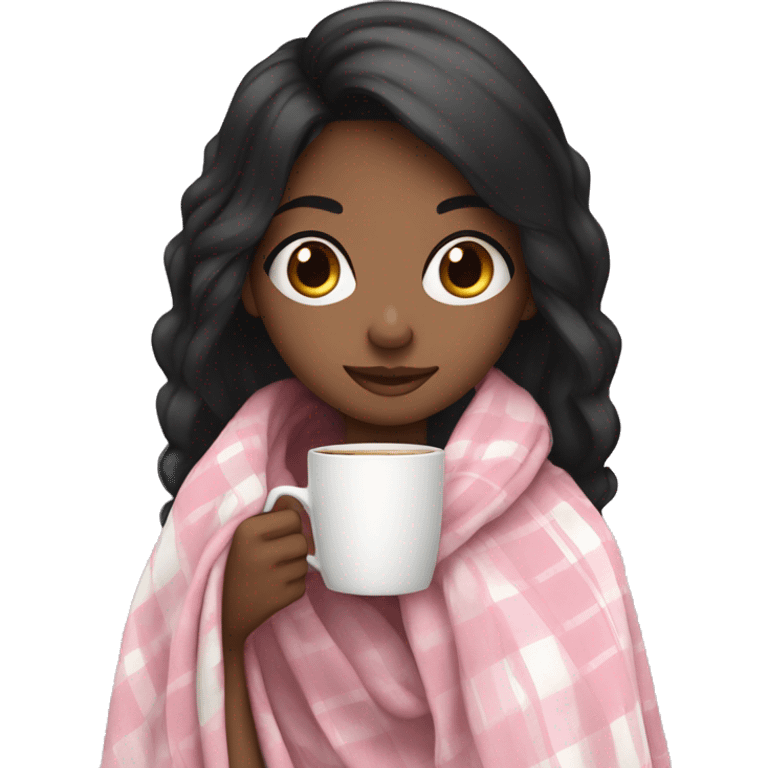 A cute black hair girl wrapped in pastel pink plaid blanket drinking coffee emoji