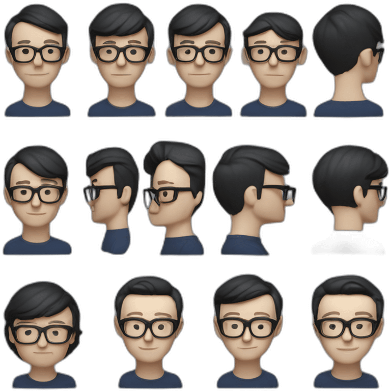 Hyper realistic Ralf Hutter from Kraftwerk, short straight black hair, black glasses, Dark Blue T-shirt, thin, in black tesla model 3 emoji