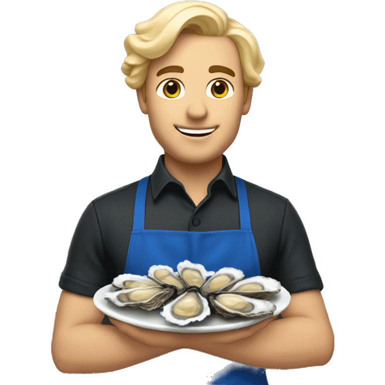 a waiter with blond hair in a blue apron holds oysters emoji