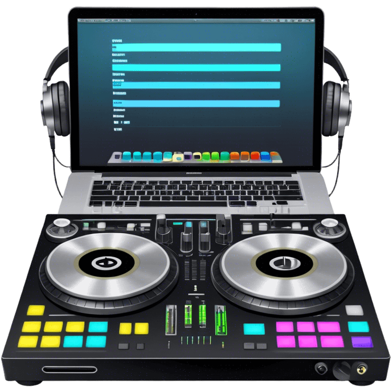 Create a professional and technical emoji that represents remixing music. The design should feature a high-end DJ controller, turntables with vinyl records, and a sound mixing console with faders to symbolize the technical aspects of remixing. Include elements like studio headphones and a laptop or digital audio workstation (DAW) screen to reflect the tools used in music production. Use colors like black, silver, and neon accents to convey the professional, high-tech nature of remixing. The background should be transparent. emoji