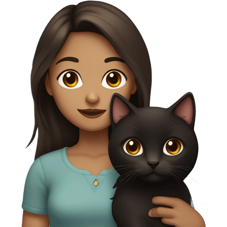 girl with dark brown hair and brown eyes, holding her brown and black cat. the cat has very long hair emoji