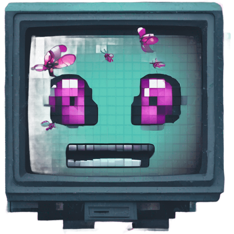 Cartoon emoji of a cracked computer screen with pixel-art bugs, a glowing wrench repairing cracks with reverse animation, error messages transforming into sarcastic text, teal and magenta glitch effects, 8-bit game aesthetic emoji