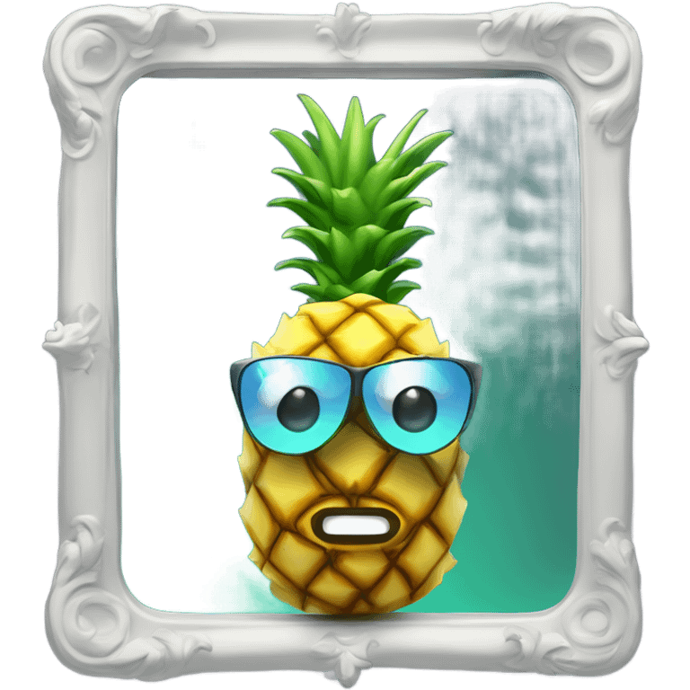 3D  pineapple🍍  with big shiny eyes 👀 pineapple holds mirror with its reflection 🪞🍍 emoji