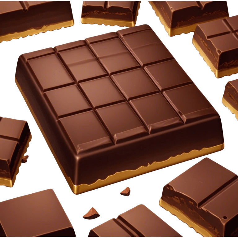 Cinematic silky dark chocolate bar, broken into perfect squares, rich cocoa tones, slightly melting edges, fine texture and decadent shine, warm golden highlights, tempting and rich. emoji