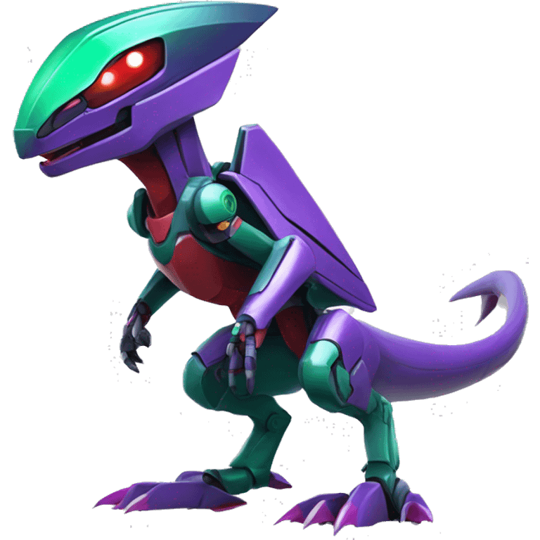 a purple-green-red Genesect-Raptor-Fakémon—hybrid with a futuristic visor-helmet full body emoji