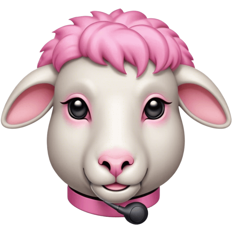 Sheep with a sleek high-tech earpiece, trendy pink asymmetrical wool haircut with undercut, and a confident smirk that screams fashion trendsetter. emoji