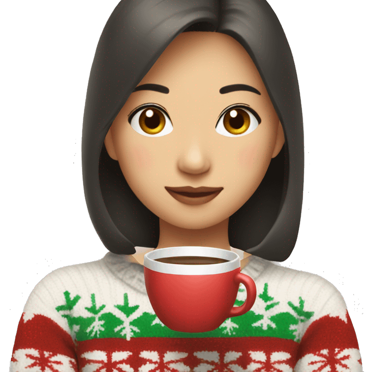 asian girl drinking coffee wearing Christmas sweater emoji