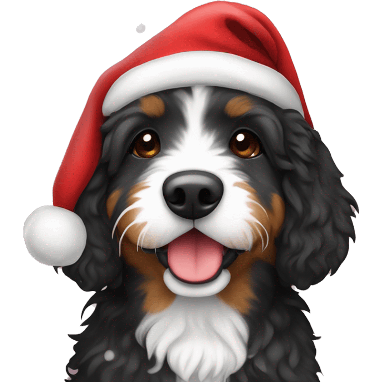 Mini Bernedoodle wearing a Santa hat emoji