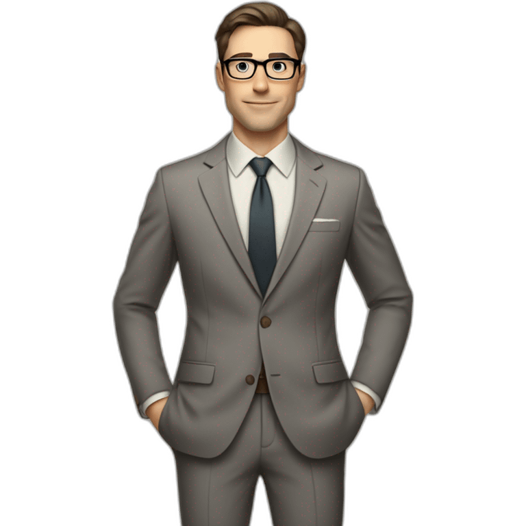 Full height Pale skinned Fit Man With dark brown hair in classic gray suit, beige office shirt, dark gray tie, and vintage glasses. His right hand is directed up emoji