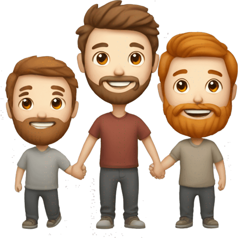 three happy men holding hands, the one in the middle has a red beard and brown hair, one is asian, two are white emoji