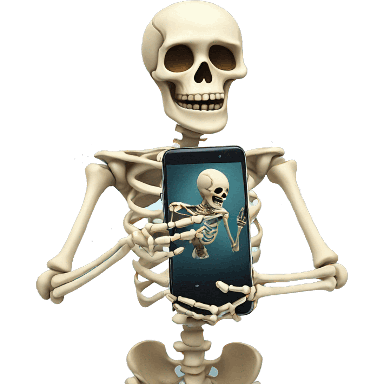 Skeleton smiles and looks at smartphone emoji