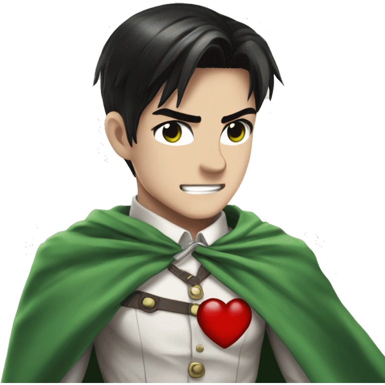 captain levi attack on titans emo black hair holding a cute heart wearing a white button down shirt and a green cape emoji