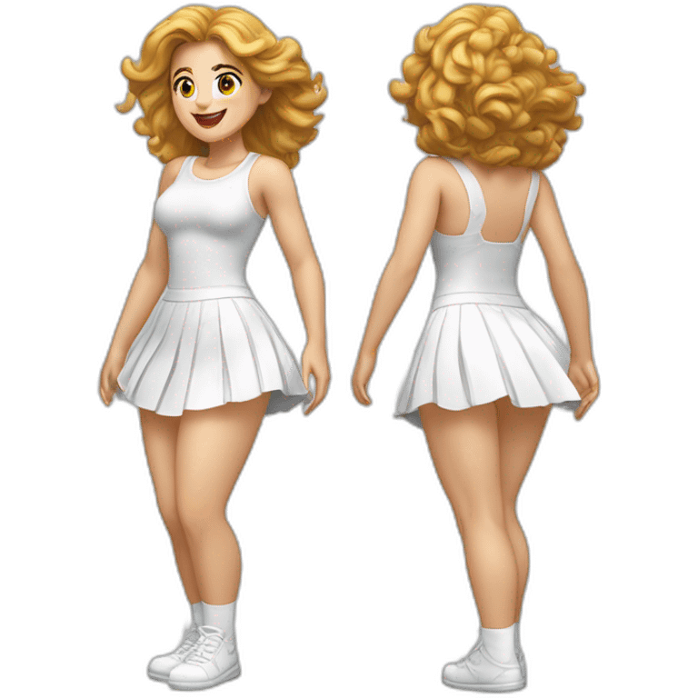 hyperrealistic-full-body-caucasian-curvy-beauty-jumping-small white-skirt-back-and-front-views-strong-wind-white knickers under skirt white socks emoji