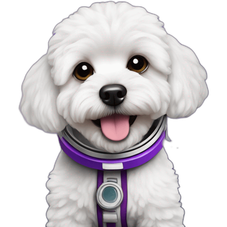 a white maltipoo with purple astronaut emoji