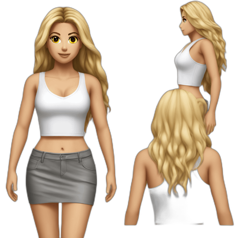 hyperrealistic shakira, long straight hair, white deep v-neck crop tanktop, gray tight mini skirt, walking body view emoji