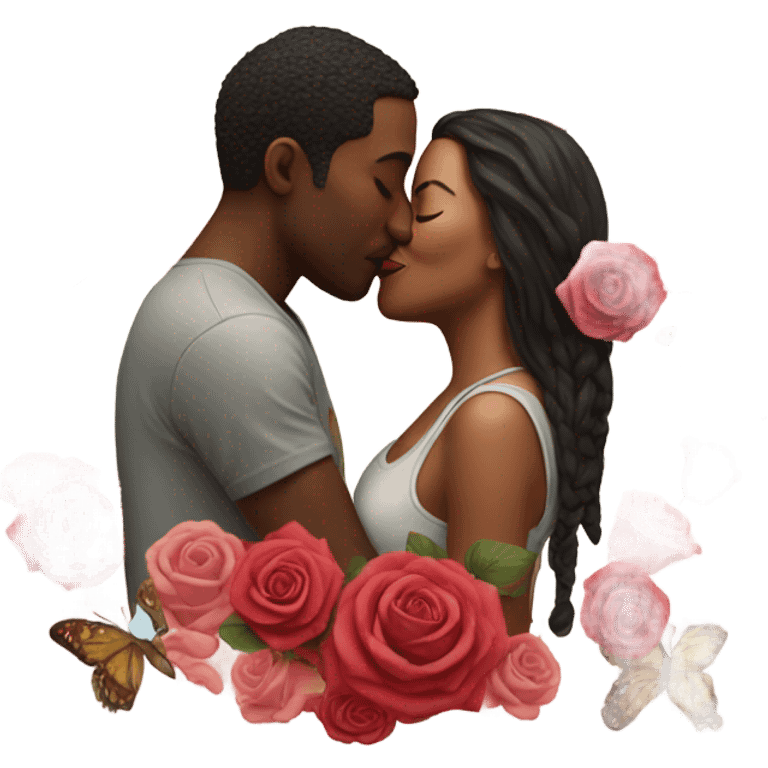 Hyper Realistic Couple kissing surrounded by roses and butterflies  emoji