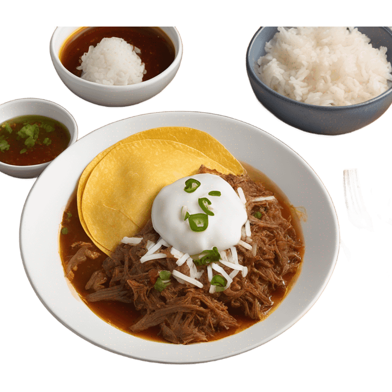 Cheesy shredded beef Birria tacos on a white plate with consome and rice on the side emoji