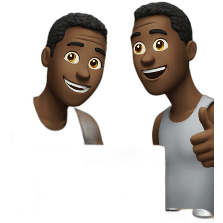 two black men at a computer, one is surprised and in awe, the other has a thumbs up emoji